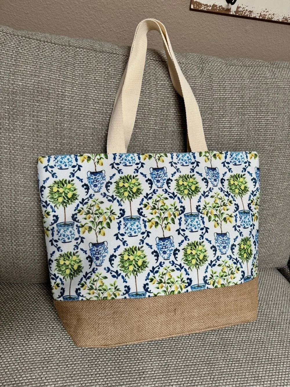 New Lemon Tree Blue Toile Potted Floral Canvas Tote Book Bag Reusable Burlap NWT